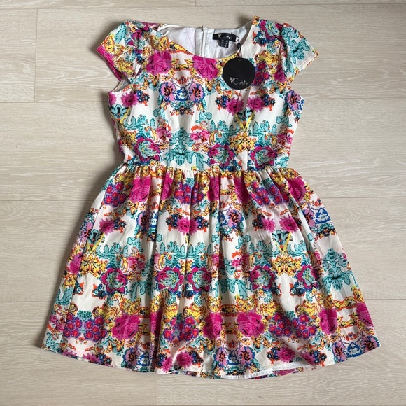 3/$10 Cutie Vibrant Floral Dress - Pink, Blue, Yellow - Picture 2 of 8